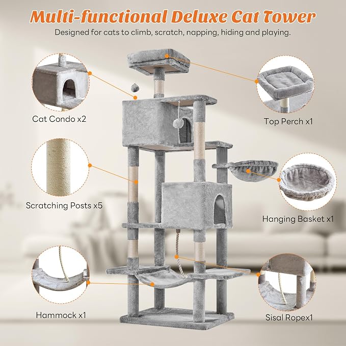 DUMOS Large 66 Inch Cat Tree Tower with Scratching Posts, Indoor Use | Tall Multi Level Cat Climbing Tower with Hammock, Pet Condo for Cats and Kittens Play, Light Gray