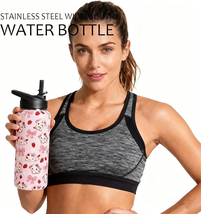 32oz Strawberry Cow Stainless Insulated Aater Water Bottle with Straw Gym Hiking Sports Coffee Mug Cup Water Bottles,Penguin Gifts for Women,Strawberry Cow Decor Stuff Accessories