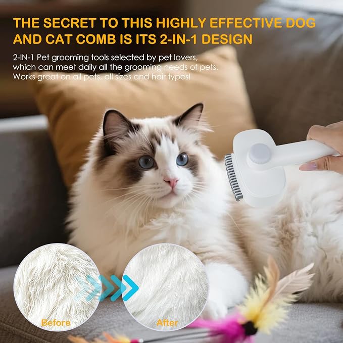 2-IN-1 Pet Self-Deshedding and Grooming Brush for Dogs and Cats | Pet Brush with Undercoat Rake & Adjustable Bristle Length Comb, One-Click Hair Removal for Matted Fur Tangles Long Short Hair