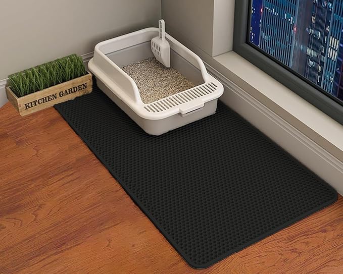 HCY&WLD Cat Litter Mat, Double Layer Cat Litter Box Mat (45x26 Inch, Black) | Waterproof Urine-Proof Non-Slip Litter Trapping Mat, Soft on Kitty Paws, Scratch-Resistant, Scatter Control, Easy to Clean