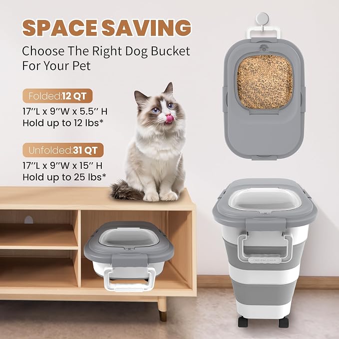 23-25Lbs Airtight Dog Food Storage Container,Collapsible Dog Food Container | Large Pet Food Storage Container with Lid,Wheels,Handle,Scoop,Small Cat Food Container for Dog Cat