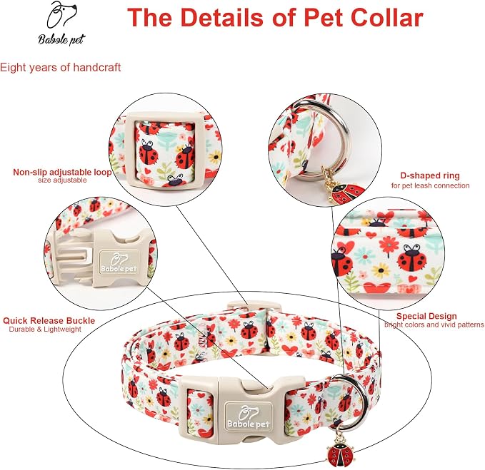 Ladybug Dog Collar for Medium Dogs - Cute Spring/Summer Dog Collar, Lightweight Adjustable Cartoon Love Bug Garden Mom Dogs Collars with Quick Release Buckle M
