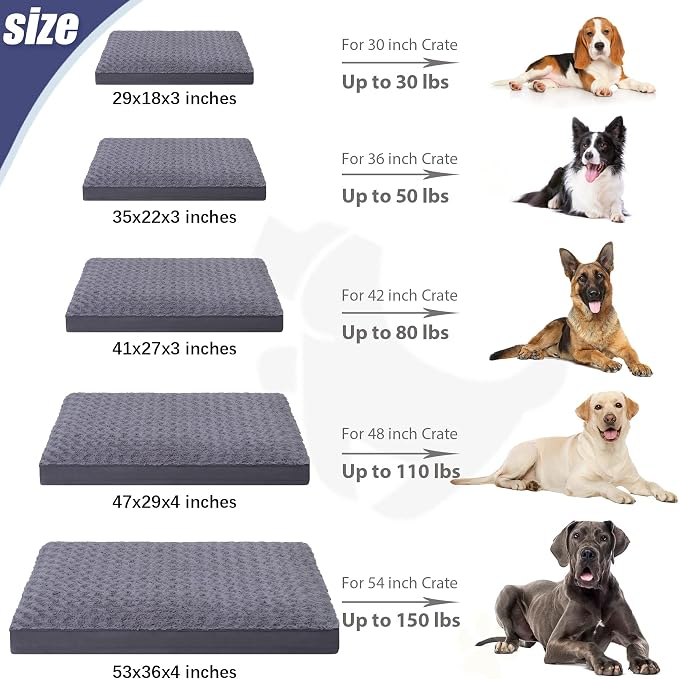 KSIIA Washable Dog Bed for Crate Waterproof for Large Dogs, 53x36 Inch,Gray | 3in egg crate foam,orthopedic support,Soft rose velvet,3ply waterproof fabric,removable cover,anti-slip base,washable