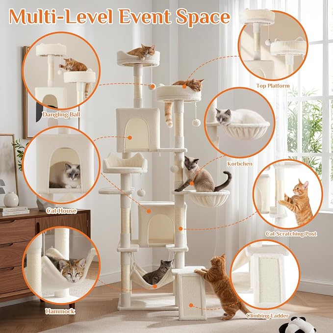 DUMOS Tall 75 inch Cat Tree Tower with Scratching Posts, Indoor Cats Use | Large Multi Level Cat Climbing Tower with Condo, Platform, Hammock, Basket, Pet Tree House for Kittens Play, Beige