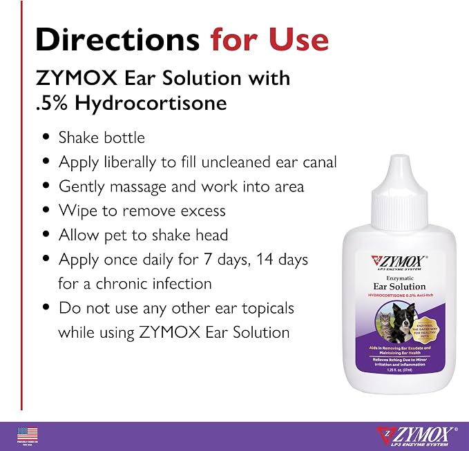 ZYMOX Enzymatic Ear Solution with 0.5-Percent Hydrocortisone | for Dog & Cat, 1.25 oz