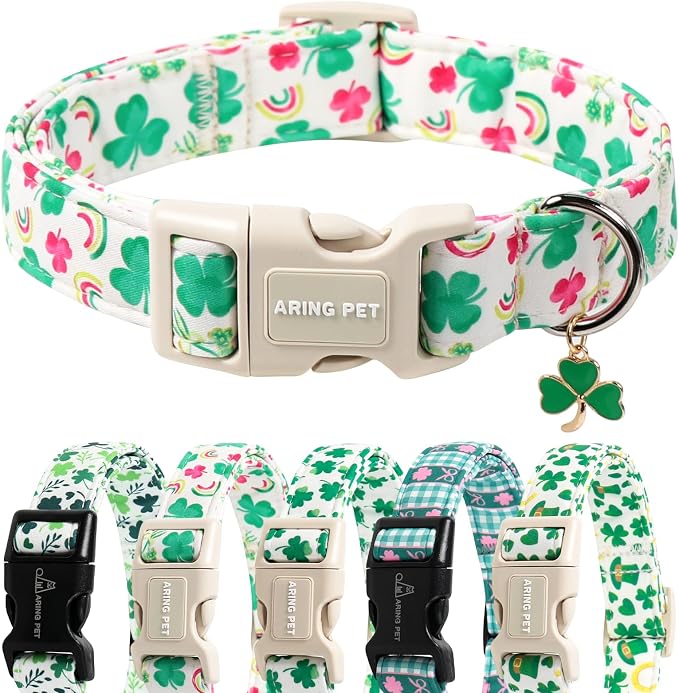 ARING PET St Patrick's Day Dog Collar, Cute White Green Clover Shamrock Rainbow Pink Floral Puppy Pet Collars for Small Medium Large Boy Girl Dogs-M
