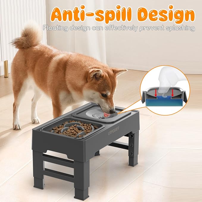 URPOWER 2-in-1 Elevated Slow Feeder Dog Bowls with No-Spill Water Bowl | 4 Height-Adjustable Raised Dog Bowls, Non-Slip Food and Water Bowls with Stand for Small, Medium, Large Dogs, Cats and Pets