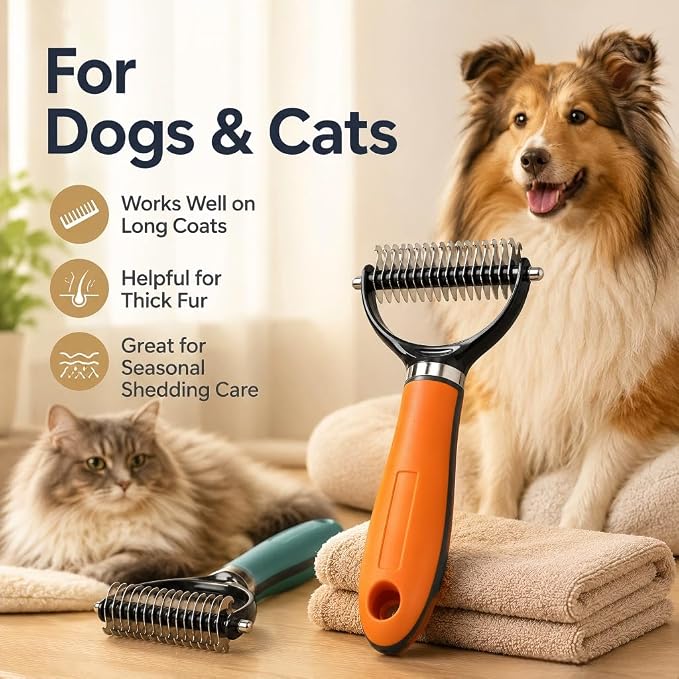 Double Sided Pet Grooming Rake, Extra Wide Deshedding Brush for Dogs Cats, Professional Long Hair Pet Shedding Comb Effectively Reduces Loose Hair (orange color)