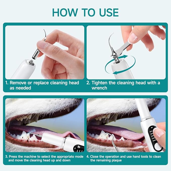Dog Teeth Cleaning Kit Dog Plaque and Tartar Remover with LED Light 5 Adjustable Modes Electric Toothbrush Pet Teeth Cleaner for Dogs and Cats (Off-White)