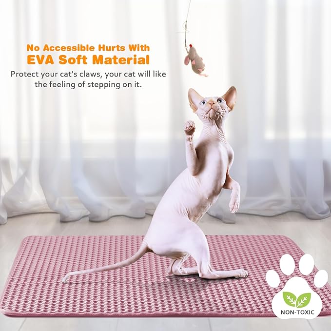 Cat Litter Mat 12"x18",Double Layer EVA litterbox Mat, Pink | Waterproof honeycomb large grid, urine-proof and odor-free. Traps litter, easy cleanup,Washable, non-slip backing