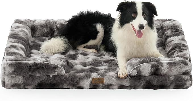 COZY KISS Orthopedic Dog Bed for Extra Large Dog 44x32 inch, XL Faux Fur Pet Sofa, Bolster Foam Bed with Sides, Non-Slip and Egg-Crate Big Dog Couch Bed with Washable Removable Cover, Tie Dye Grey