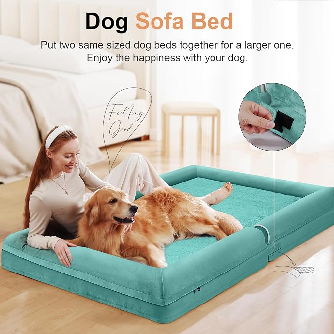 NANUYA Orthopedic Dog Bed for X-Large Dogs, 40 x 32 Inch, Aqua Blue | Egg crate foam for joint support, 3-sided bolster pet sofa, waterproof lining, washable cover, and non-skid base