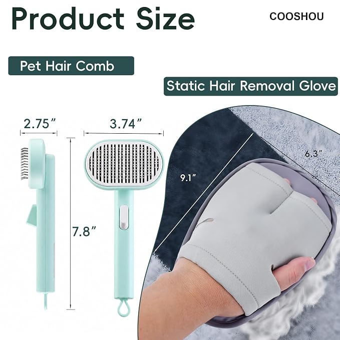 2 Pack Pet Hair Remover Kit Self Cleaning Slicker Brush for Cats Dogs & Electrostatic Grooming Glove One-Click Deshedding Brush Pet Hair Remover for Furniture Couch Clothes (Green)