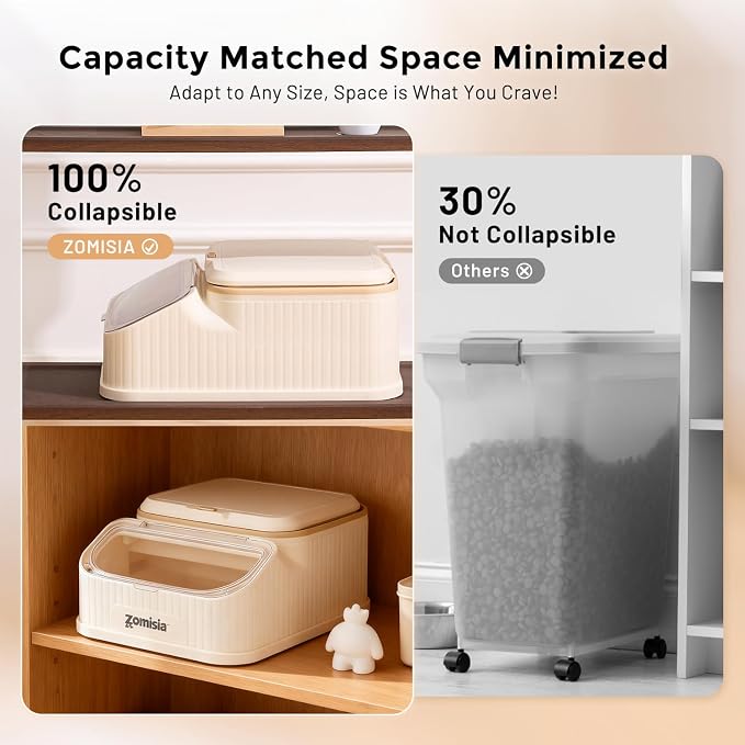 ZOMISIA 20-30lbs First-in, First-out Collapsible Dog Food Storage Container | FIFO System Easy Dispense Base for Freshness, Cat Food Storage Containers with Transparent Lid and Scoop