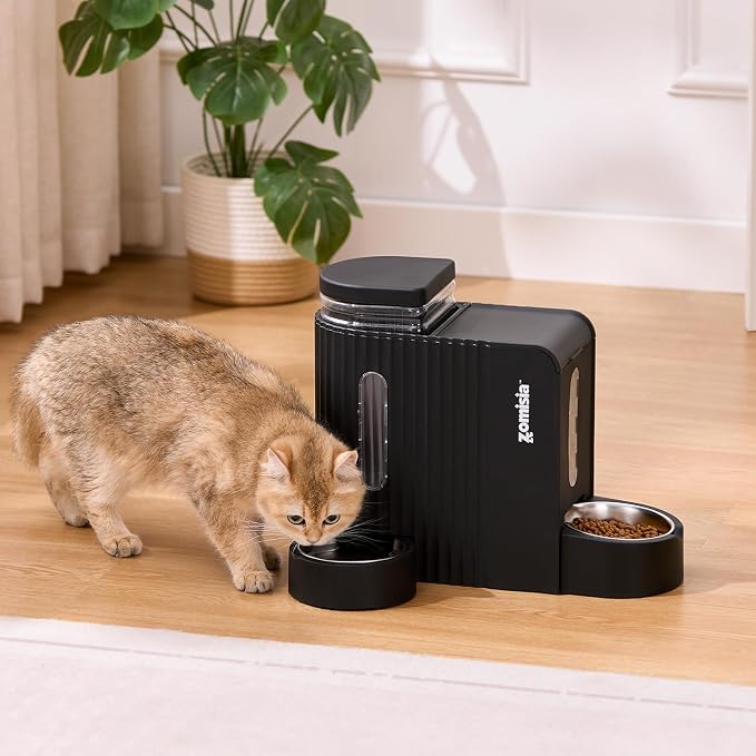 ZOMISIA Gravity Cat Feeder and Water Dispenser with 304 Stainless Steel Bowls, 2 in 1 Automatic Cat Feeder with 180 Degree Rotatable Water Bowl, Large Capacity for Puppy Kitten Rabbits, Black