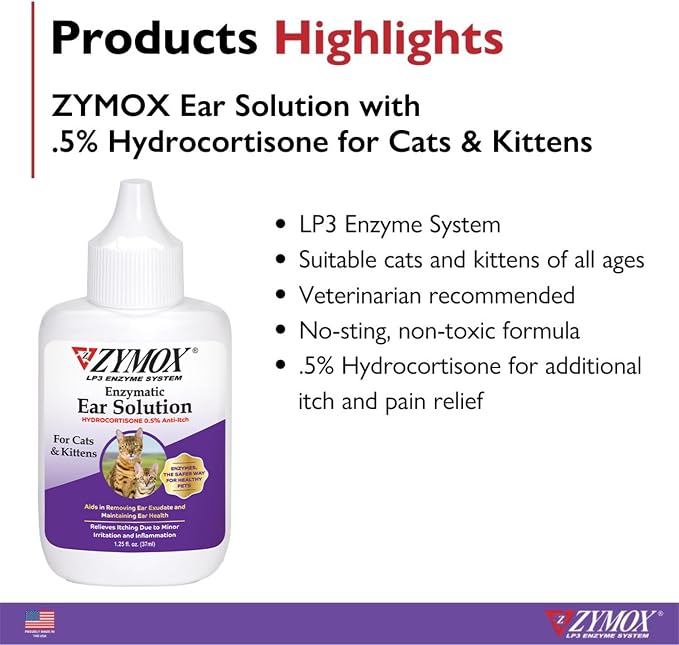 Zymox Enzymatic Ear Solution with 0.5% Hydrocortisone for Cats & Kittens, 1.25 oz. – Cleans & Refreshes Ear Canal for Relief from Wax, Dirt Buildup, Itchiness, Irritation, Inflammation & Redness
