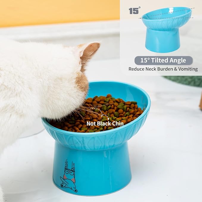 6.5 Inch Wide Ceramic Raised Cat Bowls, Tilted Elevated Cat Food Bowl Set | Prevent Neck, Whisker Fatigue, Anti Vomit, for Elder Big Cats & Small Dogs, Dishwasher and Microwave Safe, 2 Pack