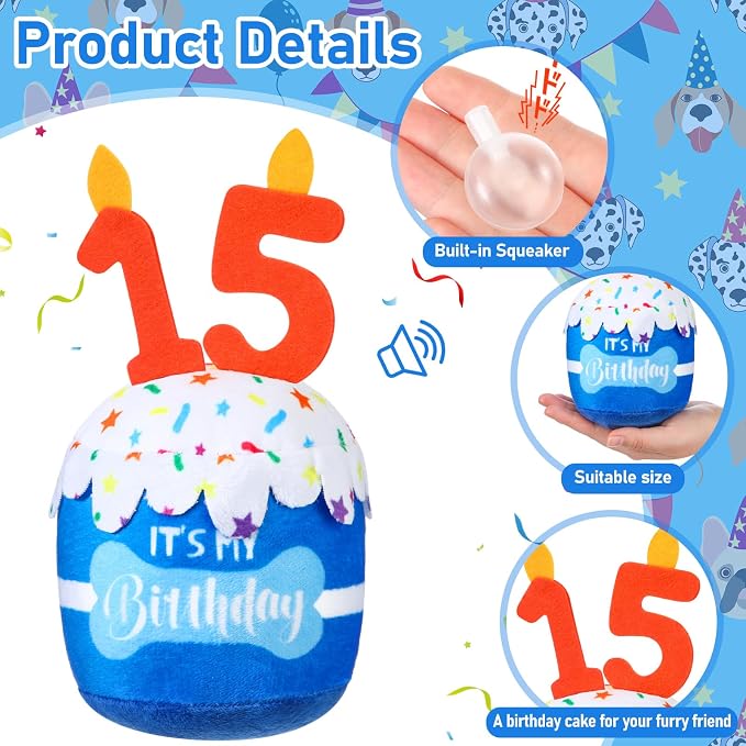 Dansydaisy Dog Birthday Cake Toy Squeaky Plush Toy for Girl Boy Gifts, Chew Accessories for Dog Birthday Party Decor Favor for Large, Medium and Small Dogs(15th,Blue)