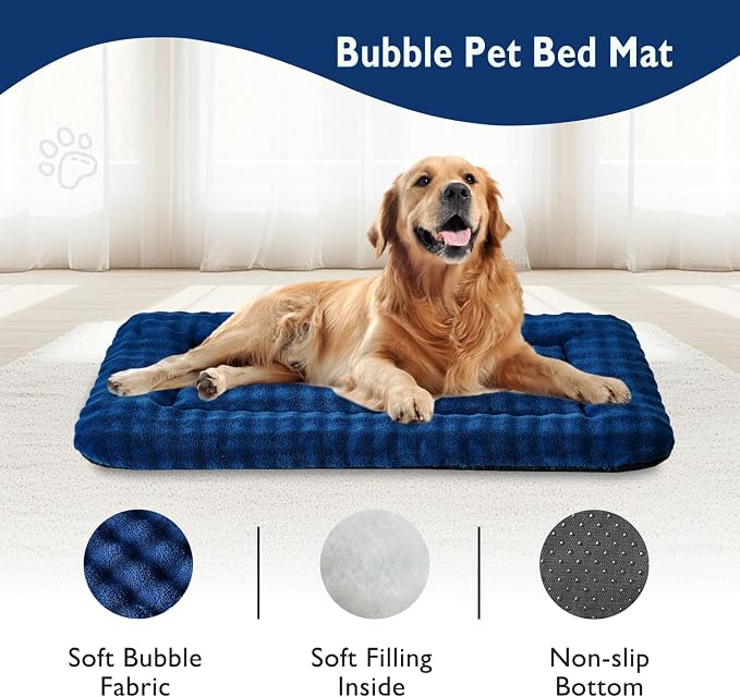 Dog Bed Mat Crate Pad for Large Dogs, Navy Blue, 42"x 28" | Washable Soft Pet Sleeping Mat, Anti-Slip Kennel Pad with 3D Bubble Pattern