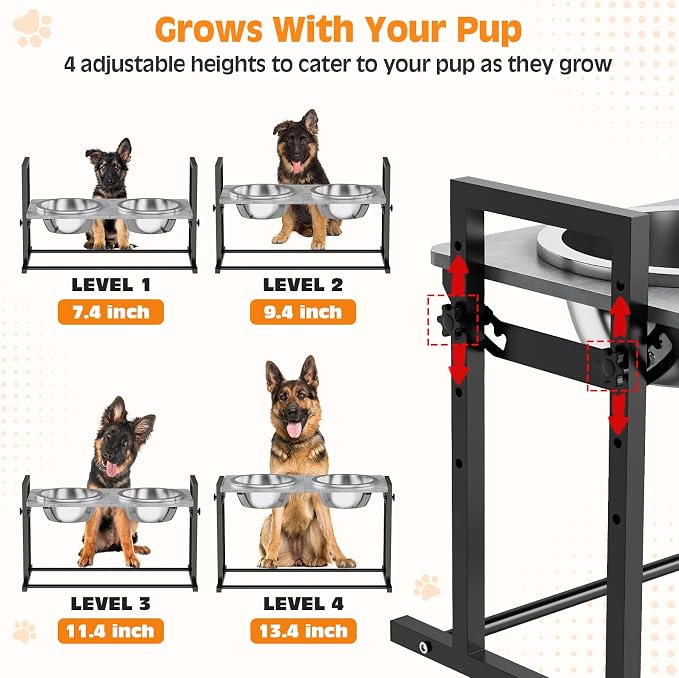 Elevated Dog Bowls for Large Dogs, 4 Height Adjustable Tilted Raised Dog Bowl Stand with 2 Stainless Steel 90 oz Bowls, 13.6" Tall Dogs Bowl Stand Feeder for Medium & Large Breed