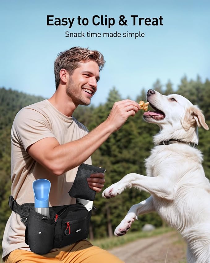 AGPTEK Dog Treat Pouch,Dog Walking Bag | Poop Bag Holder,Dual Bottle Holders,Removable Snack Pouch,black