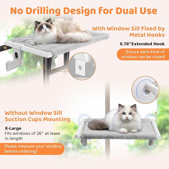 2-in-1 Fleece Adjustable Cat Window Perch, 26 x 13-in