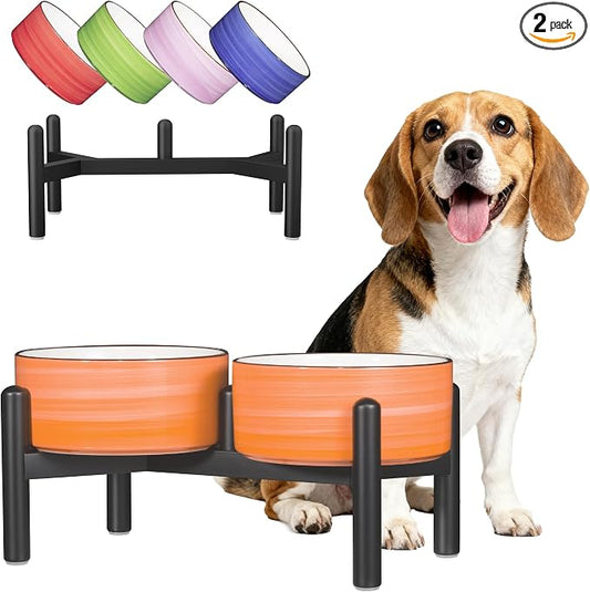 Ceramic Elevated Dog Bowl Set, 6.1''Raised Dog Food and Water Bowl Set with Non-Slip Stainless Steel Stand, Double Raised Dish for Small and Medium Breed, 3.5 Cups / 22 Fl Oz,Orange