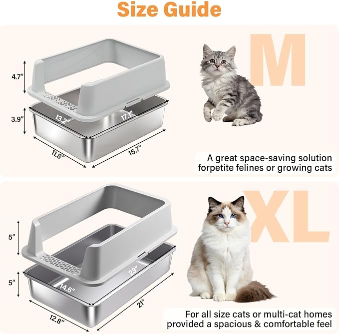 Stainless Steel Litter Box with High Sides, Small Metal Litter Box for Kittens & Medium Cats, Low Entry Kitten Litter Boxes with Scoop and Mat, Non-Sticky, Anti-Urine Leakage, Easy Cleaning