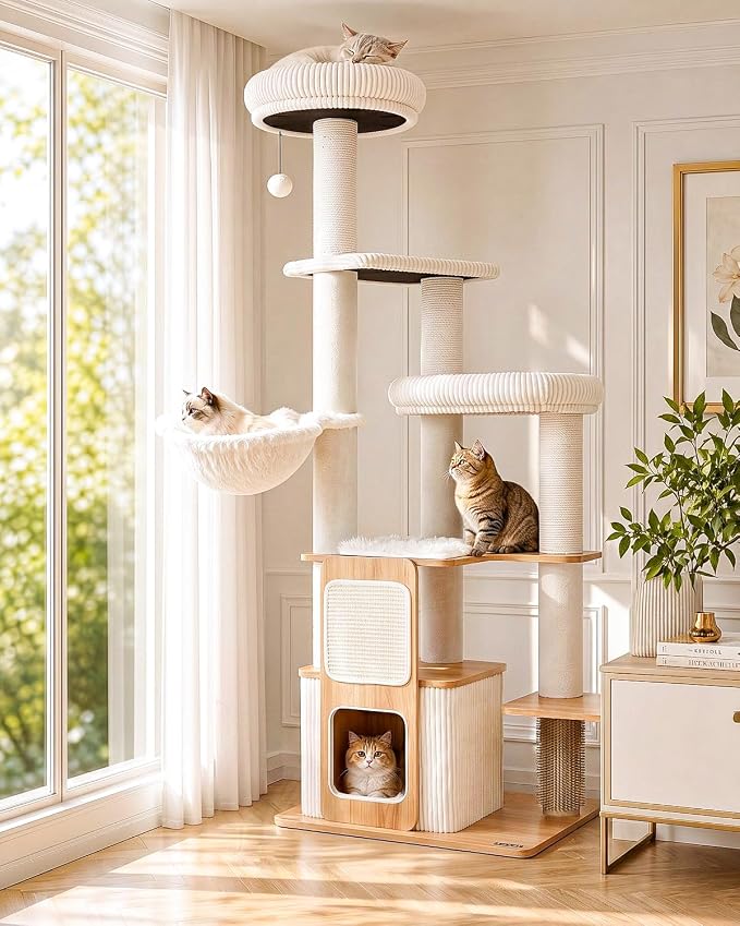 63" Wooden Cat Tree, Modern Cat Tower, Self-Grooming Brush,Natural | Heavy Duty Cat Tree, Cats Furniture, for Large Cats up to 15 lbs, Climbing Post, Plush Top Perch, Stable Base, Cozy Cat Condo