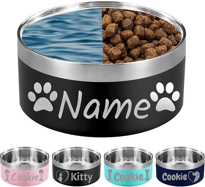 32OZ Personalized Dog Bowl Laser Engraved Custom Pet Name 18/32/42/64 oz No Slip Stainless Steel Insulated Bite-Resistant Food Water Dishes-Black