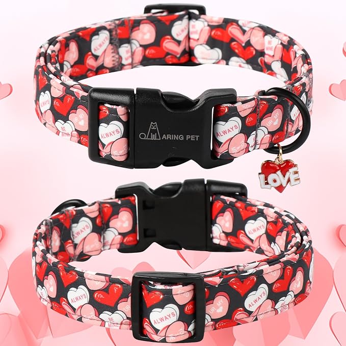 ARING PET Valentine's Day Dog Collar, Cute Black Red Heart Adjustable Valentines Pet Collars with Quick Release Buckle for Girl&Boy Dogs-L