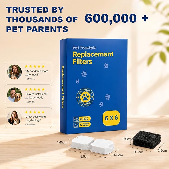 Cat Water Fountain Filter: 12 Pet Fountain Replacement Screen for Stainless Steel - 6 Carbon Filters & 6 Foam Filters - Suitable for Cat Water Fountain Stainless Steel S17
