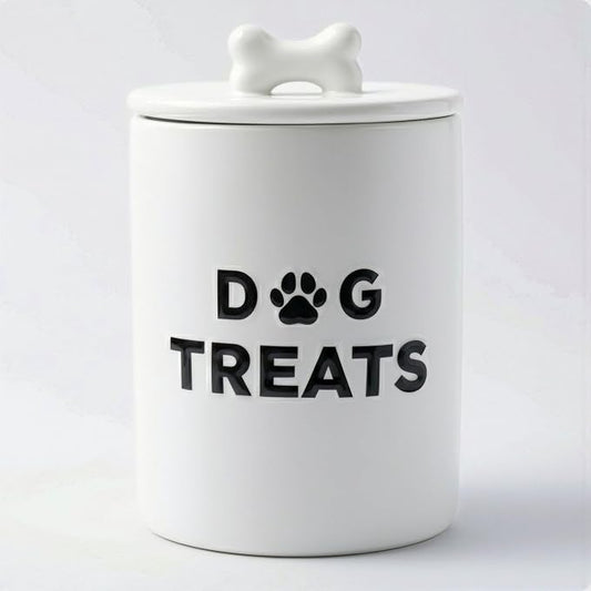 Ceramic Dog Treat Container Airtight - Ceramic Lid - 4 Cups - 4.3"W x 6.6"H | Airtight Ceramic Lid, Ceramic Bone Handle, Food Safe, Easy to Wash, Sturdy, Dishwasher Safe, Raised Design, 4 Cup Capacity