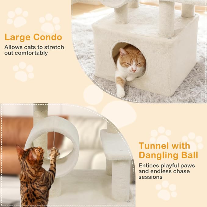 Multi-Level Cat Tree Tower, 48 Inches Tall with Sisal Scratching Posts, Condo, Tunnel with Dangling Ball Inside, Padded Top Perch, Multiple Jumping Platforms, Ideal for Indoor Cats (Beige)
