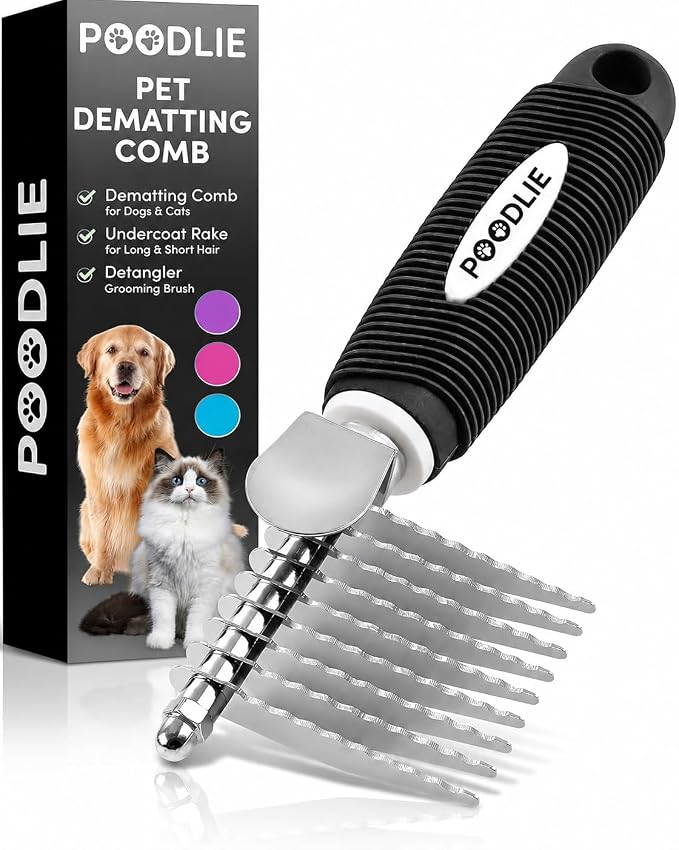 Poodle Dematting Fur Rake Comb Brush for Dogs and Cats - Long 2.5" Steel Safety Blades Metal Comb for Detangling Matted or Knotted Undercoat Hair