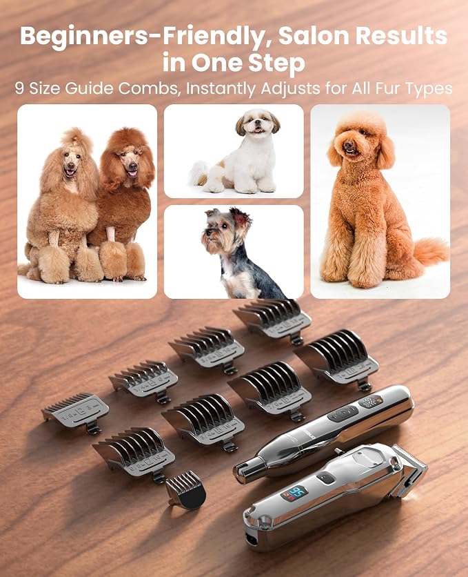 oneisall Dog Clippers for Grooming Thick/Matted Hair, 4-in-1 Grooming Kit | Detachable Stainless Steel Blade, Powerful Motor, IPX6 Waterproof, Low Noise, Paw Trimmer and Nail Grinder, 9 Guide Combs