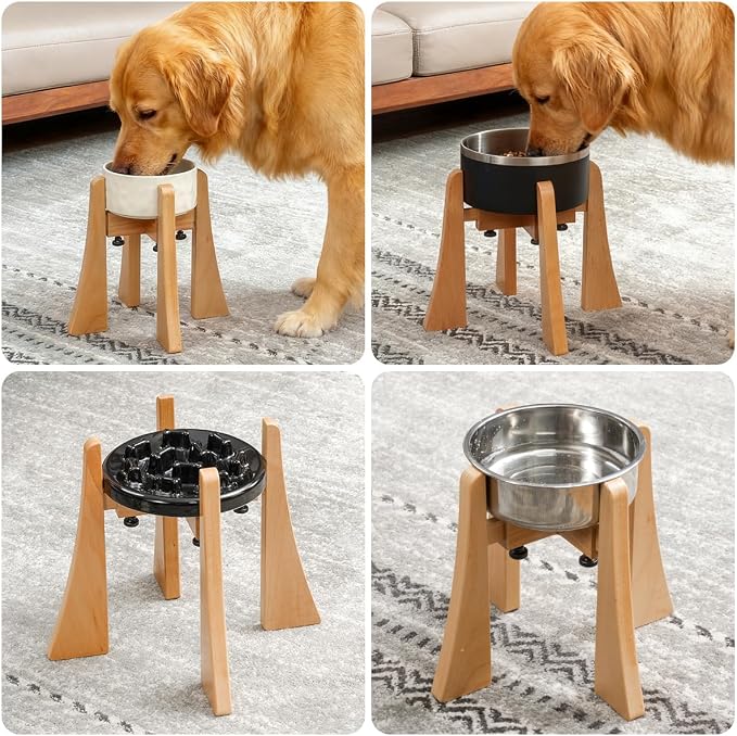 Wooden Elevated Dog Stand Set with Bowl, 10" Height Raised Adjustable Width | Fits 6.3-7.8 Inch Dog Bowls, Stainless Steel Bowl for Food Water, Neck Protection Design for Medium Breed, Senior Dogs