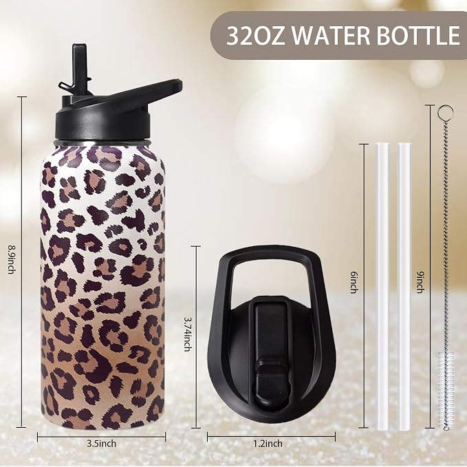 32ozLeopard Print Stainless Insulated Aater Water Bottle with Straw,Leopard Print Cheetah Gym Hiking Sports Coffee Mug Cup Water Bottles,Leopard Print Decor Stuff Accessories
