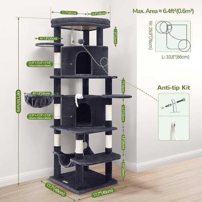 Globlazer 66in Corner Cat Tree Tower for Indoor Large Cats, C66, Dark Grey | Space-Saving Stable Adult Cat Tower with 6 Scratching Posts, 2 Large Fan-shaped Condos & Top Perch, Hammock, Climbing Steps