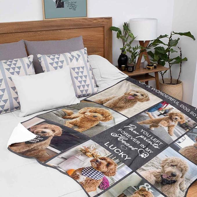 Custom Memorial Blanket for Dog, You Left Paw Prints Forever in My Heart in Loving Memory Blanket Customized Loss of Pet Dog Photo Fleece Throw Blankets Warm Bereavement Gift for Dog Mom 60X80 Inch
