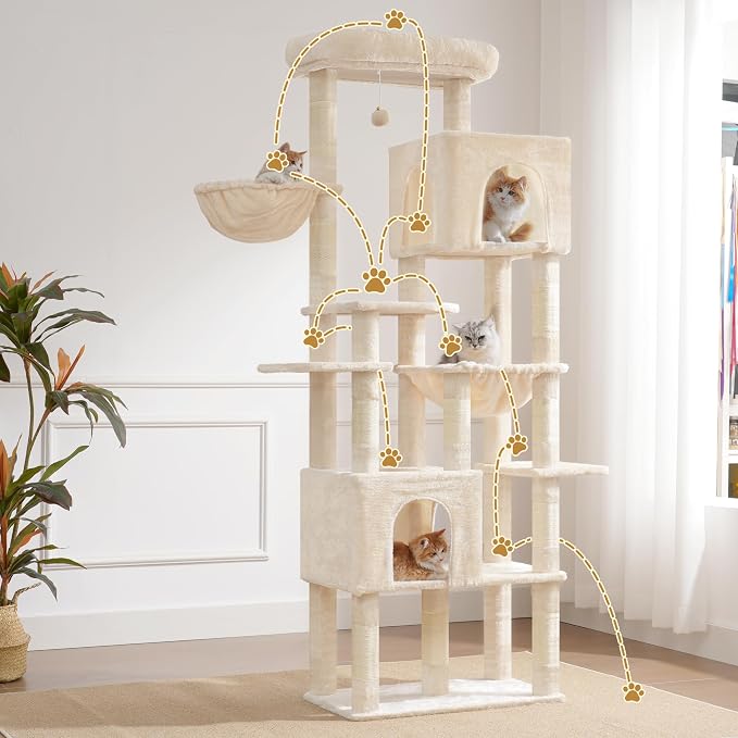 Heybly Cat Tree, 76-Inch Tall Heavy Duty Cat Tower for Big Cats HCT039M | Multi-Level Large Cat Furniture with Extra Wide Baseboard, 2 Condos & 2 Hammocks, 10 Scratching Posts, Beige