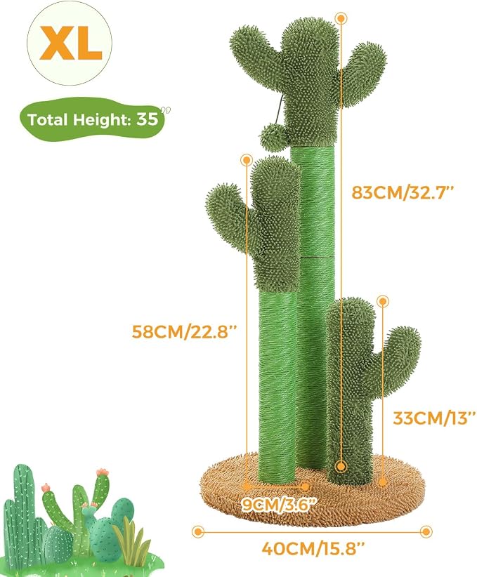 PAWZ Road Cactus Cat Scratching Post 35”Cat Scratcher with Toy Ball | Cactus Cat tree with 3 Sisal & Carpet Scratching Posts, Soft Carpet Base & Top, Interactive Ball for Adult and Indoor Cats