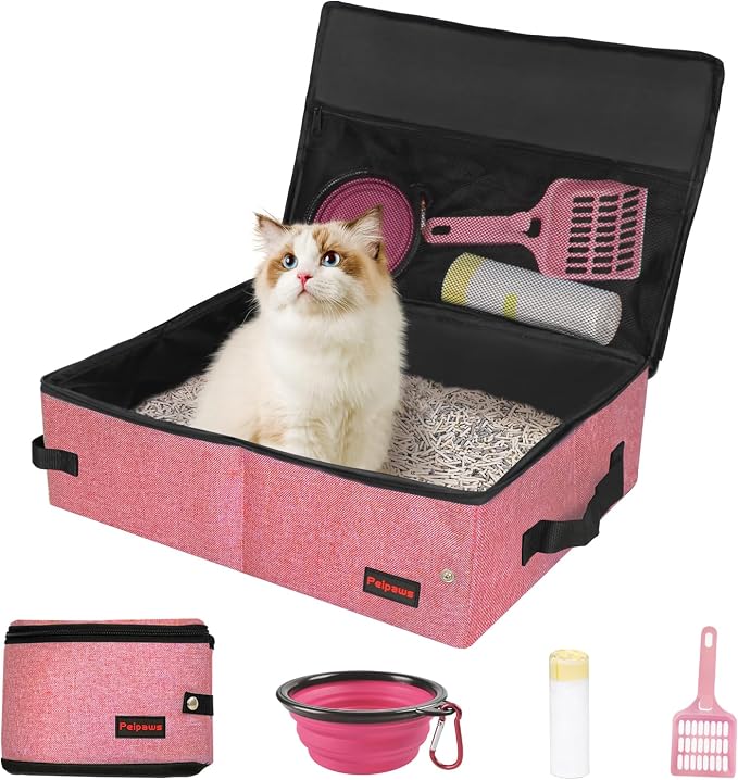 Portable Cat Travel Litter Box. Zipped Lid, Collapsible Litter Box for Cats. No Leakage, No Smell. Easy to Carry. Used for Hotels, Camping, Car (Pink,M)