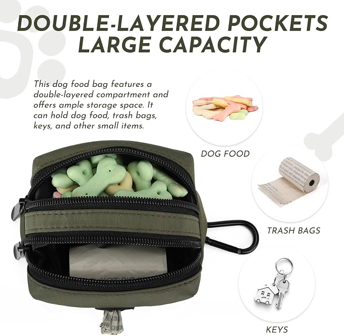 Dog Training Treat Pouch, Treat Bag Fanny Pack with Double-Zip Pocket and Four-Button Closure Waterproof Durable Dog Treat Pouch with 1 Roll of Dog Waste Bags (Green)