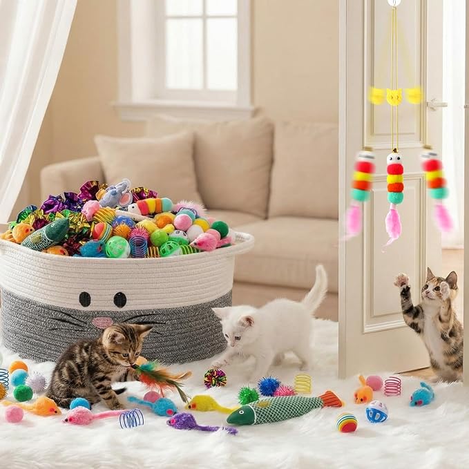 Leitee 15.2" X 10" X 8" 100 Pcs Cat Bed Storage Basket Gift Cat Variety Toys Set Cotton Rope Basket, Fish Mice Pet Bell Colorful Crinkle Balls Spring Toy for Kitten Swat Interactive (Basic,Grey,White)