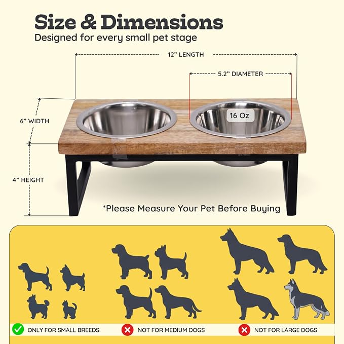 Elevated Dog Bowls, 4” Small Dogs & Cats Raised Bowl Mango Wood Stand, Food & Water 2 Stainless Steel Dishes Each 16oz/2Cup Capacity, Non-Slip Pet Feeder Station in Brown for Toy Breeds