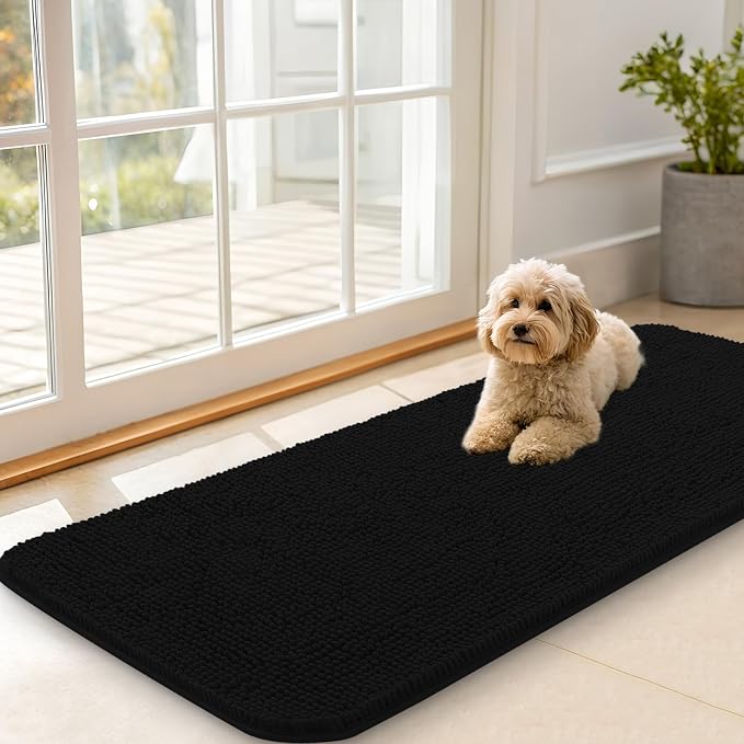 OLANLY Dog Door Mat for Muddy Paws 47x20, Super Absorbent Chenille Mud Mat | Black, Absorbs Moisture and Dirt, Non-Slip Machine Washable Doormat, Quick-Drying Indoor Entryway Floor Carpet for Dogs