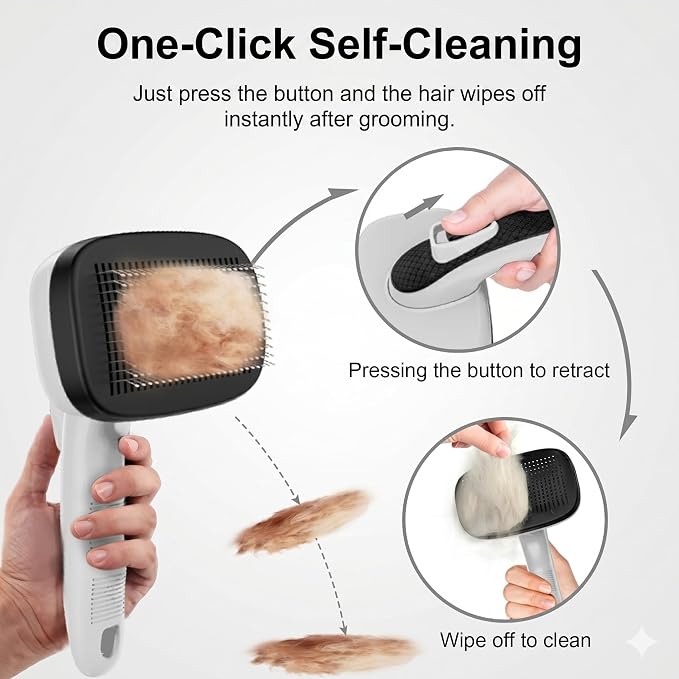 Self Cleaning Slicker Brush for Dog and Cat Shedding, Grey | Skin Friendly Deshedding Brush for Short or Long Haired Dogs & Cats, One-Click Retractable for Easy Cleaning Flying Hair