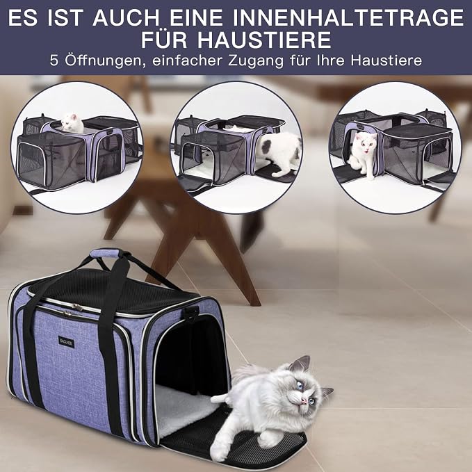 BAGLHER Expandable Cat Carrier with Travel Litter Box, Pet Travel 5 Sides Open Doors 3 Sides, Leak-Proof and Collapsible, for Car, Airplane Trip, Purple