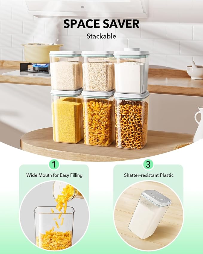 Food Storage Container Sets, 2.8 Qt *2+ 4.2 Qt *4 Airtight Canisters with Lids and 130ml Scoop, BPA-Free Plastic Pantry Containers for Flour, Sugar, Rice